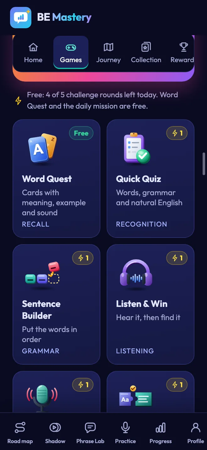 The English Mastery games: Word Quest, Quick Quiz, Sentence Builder and Listen & Win, each with the skill it practises