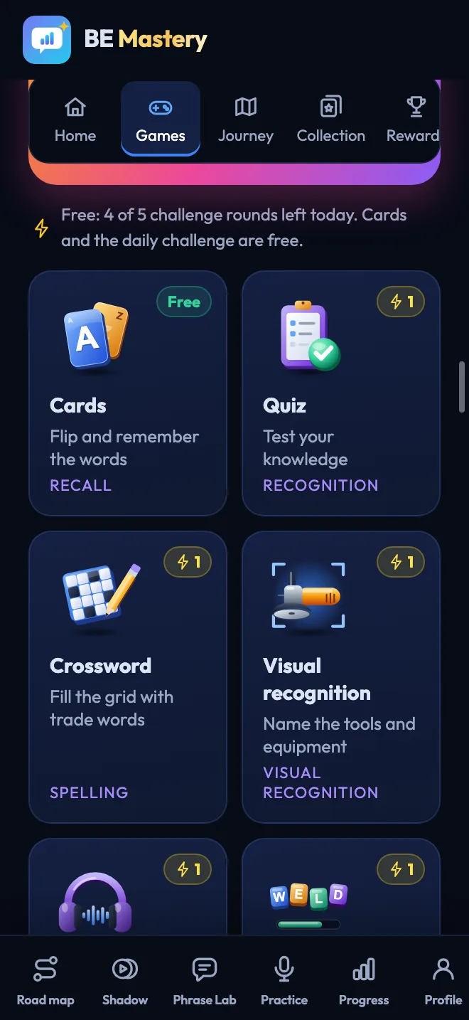 The Welding Mastery games: Cards, Quiz, Crossword, Visual recognition, Listening and Word Builder