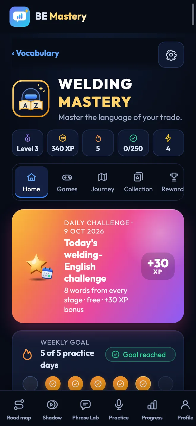 The Welding Mastery hub: level, XP, streak and energy, today's welding-English challenge and the weekly goal