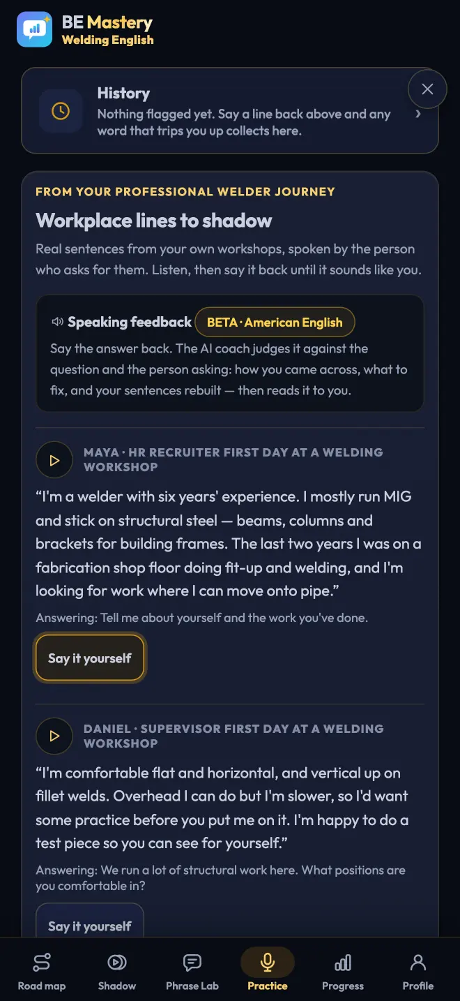 Welding English: workplace lines to shadow, spoken by the recruiter and the supervisor