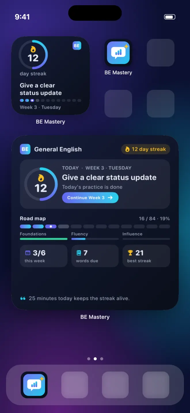 A home screen with the small and the large BE Mastery widgets: a 12-day streak, today's step and the road map