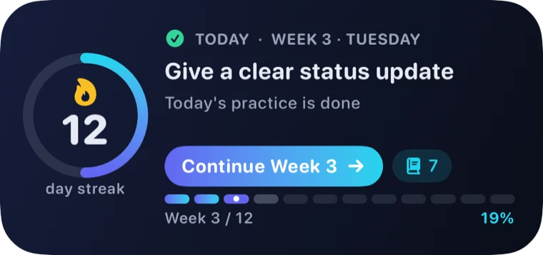 The medium road-map widget: a 12-day streak ring, today's step and the button to continue Week 3