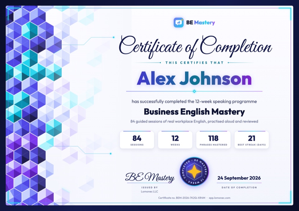 Example certificate of completion for a sample learner, Alex Johnson, Business English Mastery