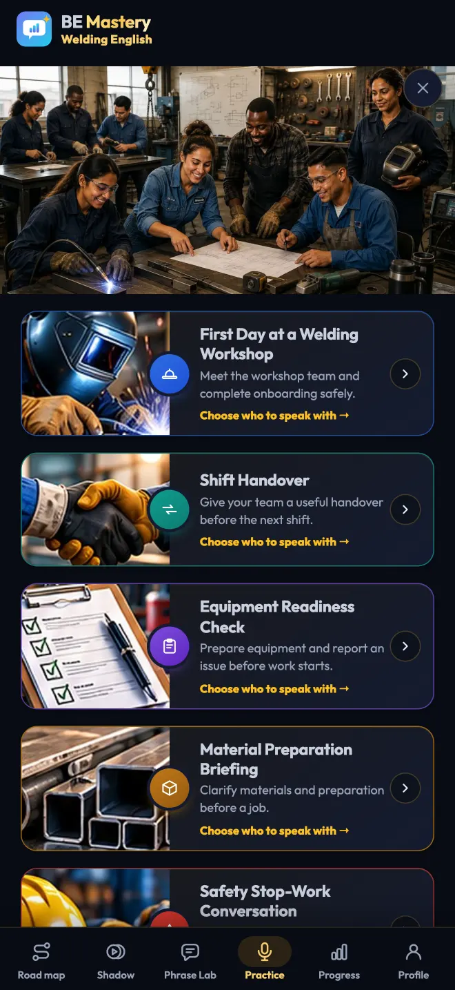 Welding English: workplace simulations, from the first day to the shift handover
