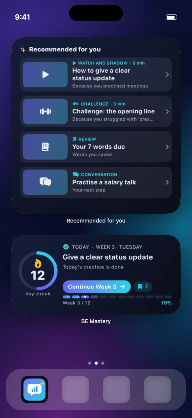 A home screen with the Recommendations widget and the medium widget